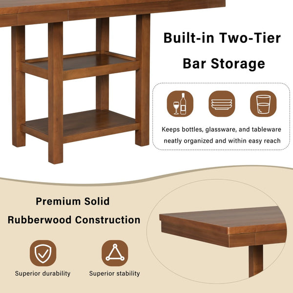 English Elm U_style Rubberwood Farmhouse Bar Table Set Expandable Crossback Chairs Bench Seating Brown WY000534AAD