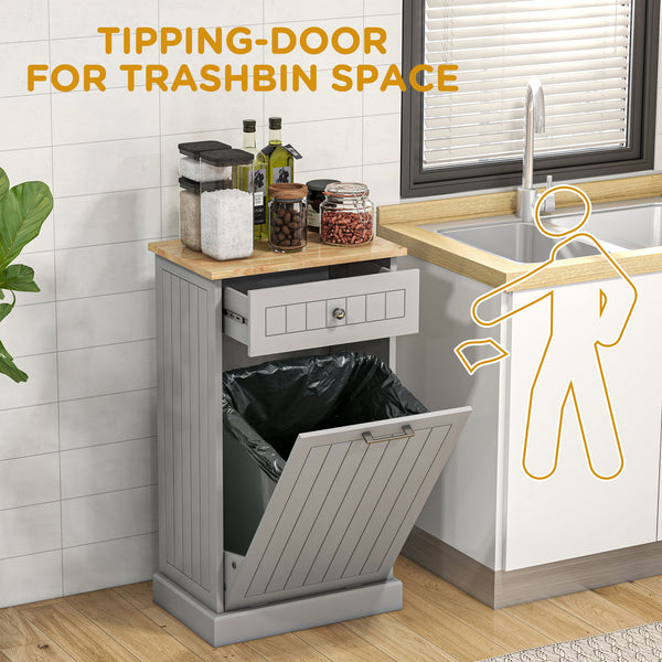 English Elm HOMCOM Tilt-Out Trash Cabinet with Drawer and Oak Top, Space-Saving Pet-Safe Kitchen Organizer W2225P200649