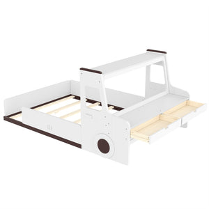 English Elm Full Size Car Shaped Kids Platform Bed with Storage Drawers Integrated Desk Pine Wood Light White W1580S00490