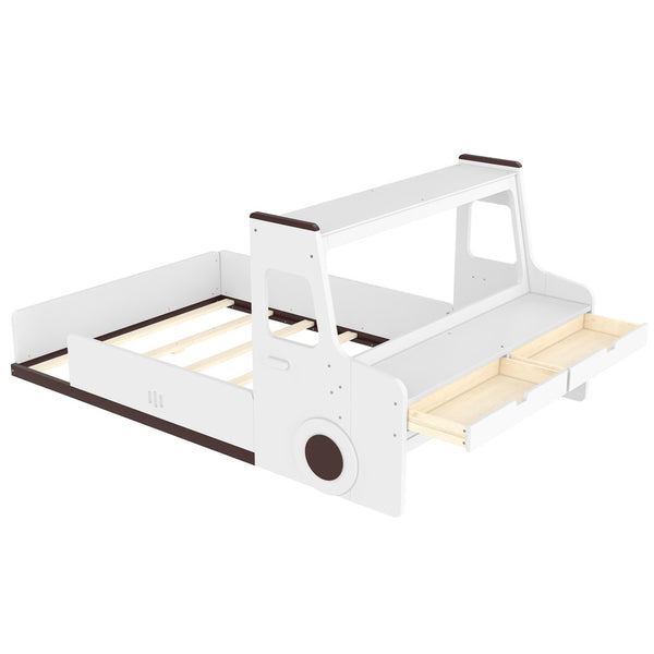 English Elm Full Size Car Shaped Kids Platform Bed with Storage Drawers Integrated Desk Pine Wood Light White W1580S00490