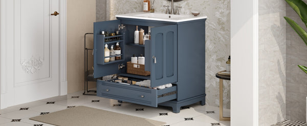 English Elm 30" Modern Bathroom Vanity with Ceramic Sink, Solid Wood Frame, Soft-Close Drawer & Adjustable Shelf Blue N710P293306C