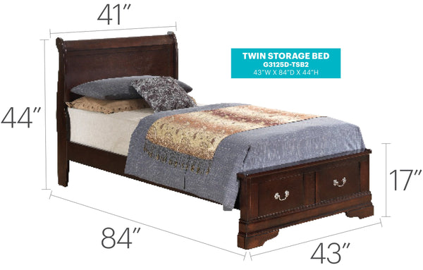 English Elm Louis Phillipe Twin Storage Bed - Elegant Upholstered Sleigh Design In Cappuccino For Small Spaces B078S00329