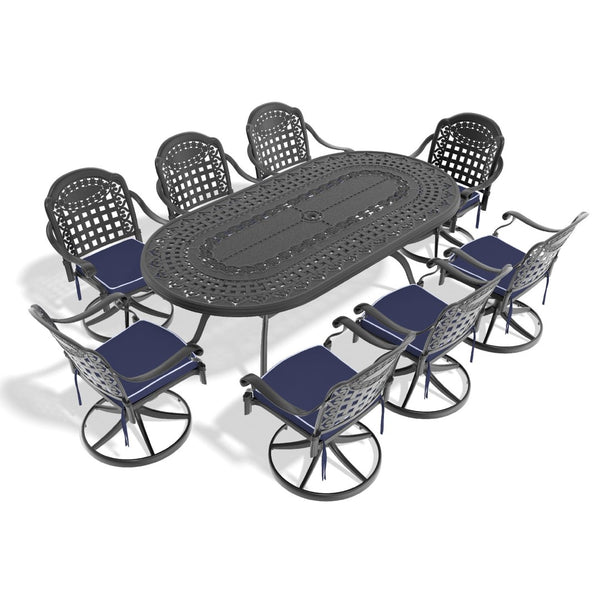 English Elm 9-piece Cast Aluminum Outdoor Dining Set with Oval Table and Eight Swivel Chairs W1710S00661