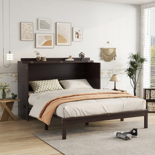 English Elm Queen Size Murphy Bed – Elegant Pine Wood Cabinet With Power Station & Rattan Accents, Espresso Finish W504S00235-GIGA