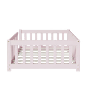 English Elm Twin Size Floor Bed With Safe Guardrails - Durable Rubberwood, Eco-Friendly Pink Design For Kids W504P286399-GIGA