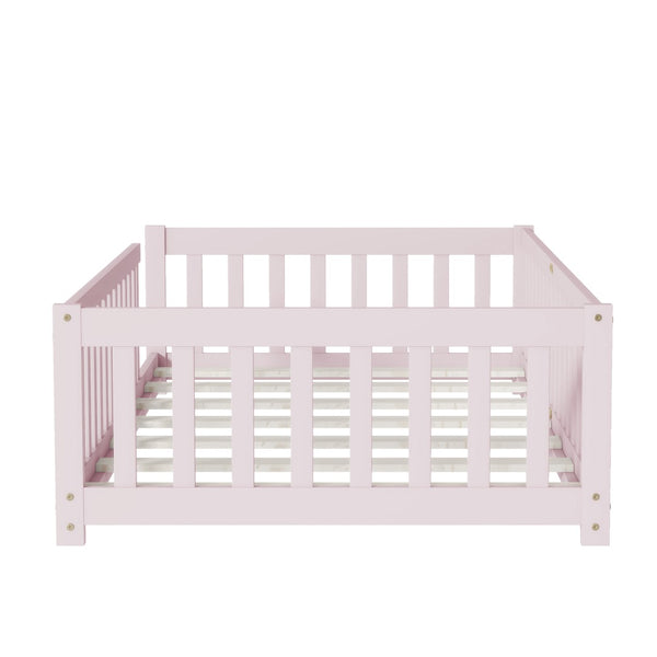 English Elm Twin Low Profile Rubberwood Floor Bed with Full Safety Fence for Toddler Rooms Pink W504P429338