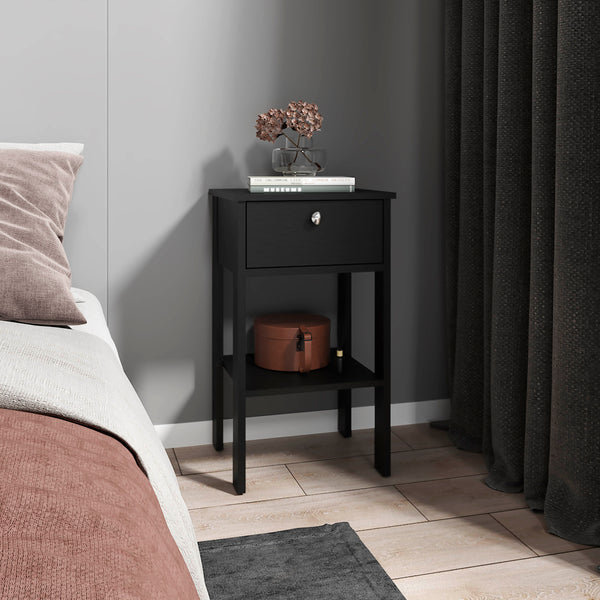 English Elm Nightstand, Black Wenge Engineered Wood with 1 Drawer & Open Shelf, Compact Elevated Design for Small Spaces B097P369428