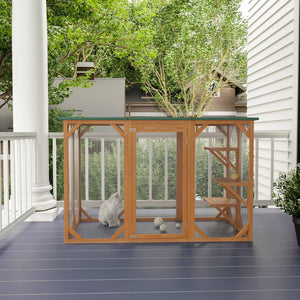 English Elm Pawhut Wooden Outdoor Catio Enclosure with Mesh Walls Climbing Platforms Asphalt Roof W2225P173769