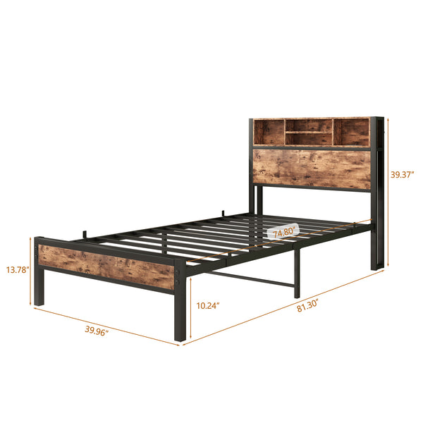 English Elm Twin Metal Platform Bed with Storage Headboard, USB Charging Station, Bookcase Shelves, Rustic Appeal W840P192226