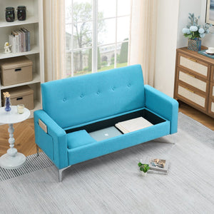English Elm 57-inch Velvet Double Sofa with Built-In Storage, Solid Wood Frame, Silver Legs, 350lb Capacity and Modern Compact Design Blue W3356P346853