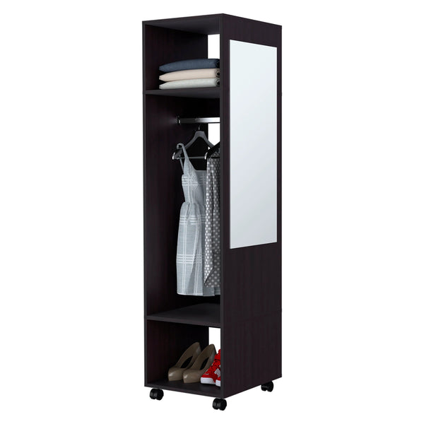 English Elm Wenge Mobile Wardrobe with Mirror Door, 3 Shelves & Open Storage on Wheels for Modern Organization B062P227647