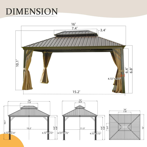 English Elm 12' X 16' Hardtop Gazebo - Durable Aluminum Frame With Double Canopy, Curtains & Netting For Patios W1859S00166