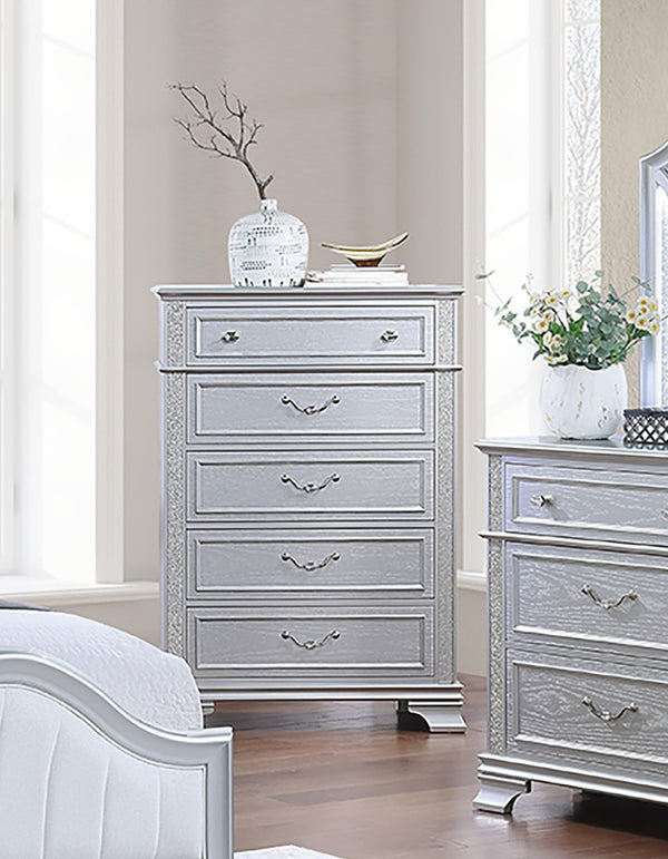 English Elm Elegance Gray 5-Drawer Chest with Crystal Knob & Drop Bail Handles, Sparkle Finish Storage 36x18x52" B011P308561