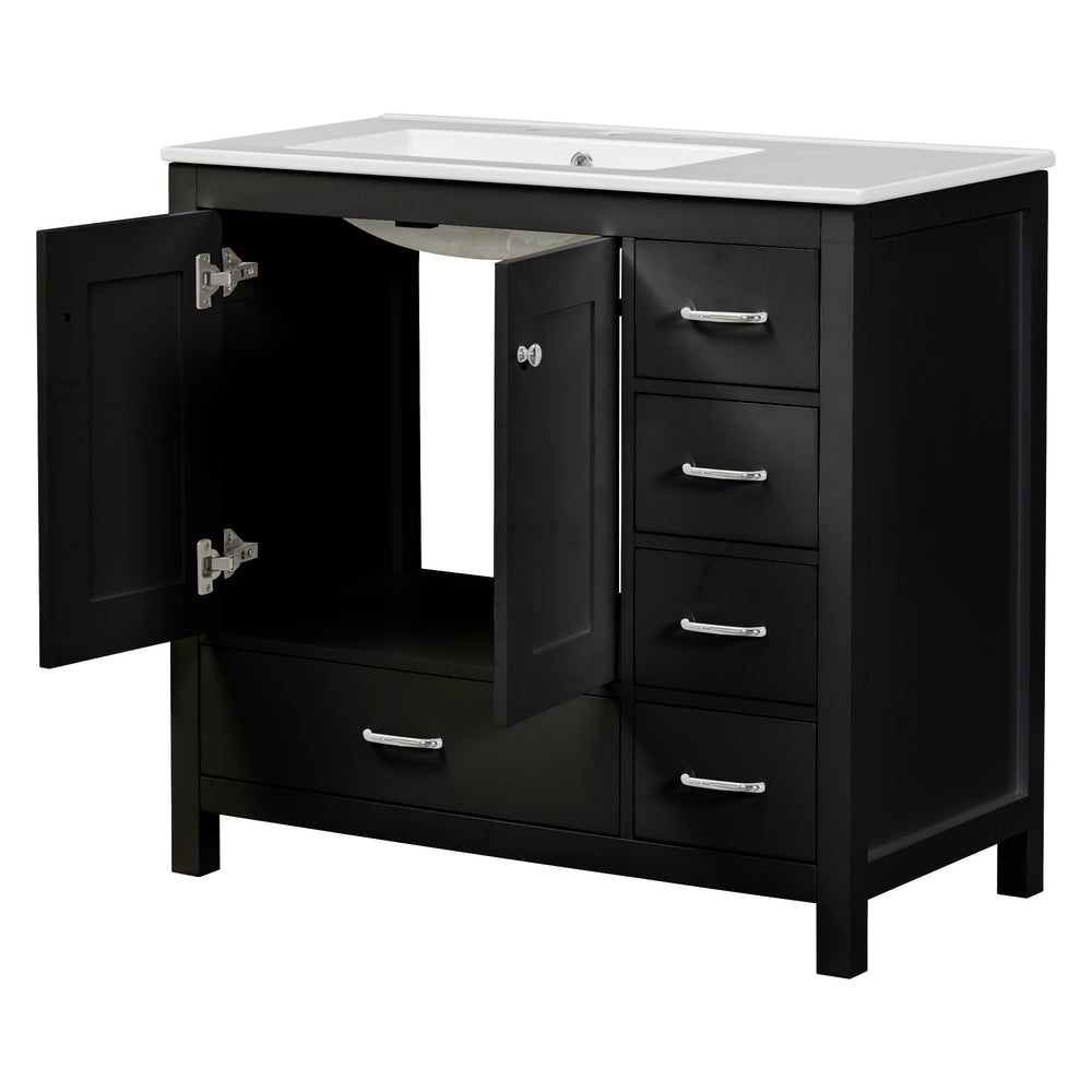 English Elm 36" Black Bathroom Vanity with Ceramic Sink, 2 Soft-Close Doors & 5 Drawers, Modern Storage Elegance N729P183735B