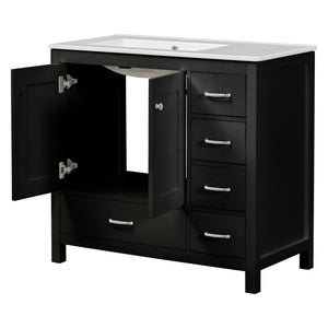 English Elm 36" Black Bathroom Vanity with Ceramic Sink, 2 Soft-Close Doors & 5 Drawers, Modern Storage Elegance N729P183735B