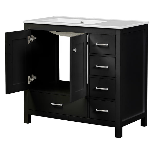 English Elm 36" Black Bathroom Vanity with Ceramic Sink, 2 Soft-Close Doors & 5 Drawers, Modern Storage Elegance N729P183735B