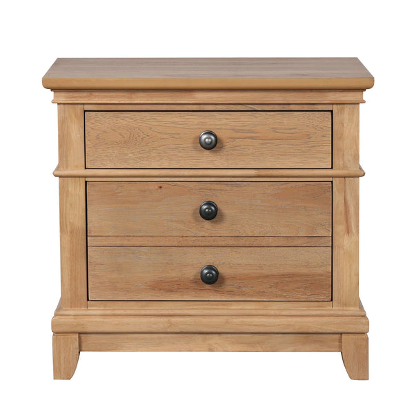 English Elm Farmhouse Natural Oak Nightstand with Felt-Lined Top Drawer, Dovetail Pecan Veneer 3-Drawer Table B2741P406814