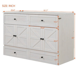 English Elm Queen Murphy Wall Bed with Usb Ports Storage Drawers and Cabinet Style Panel Front White N708S00006AAK