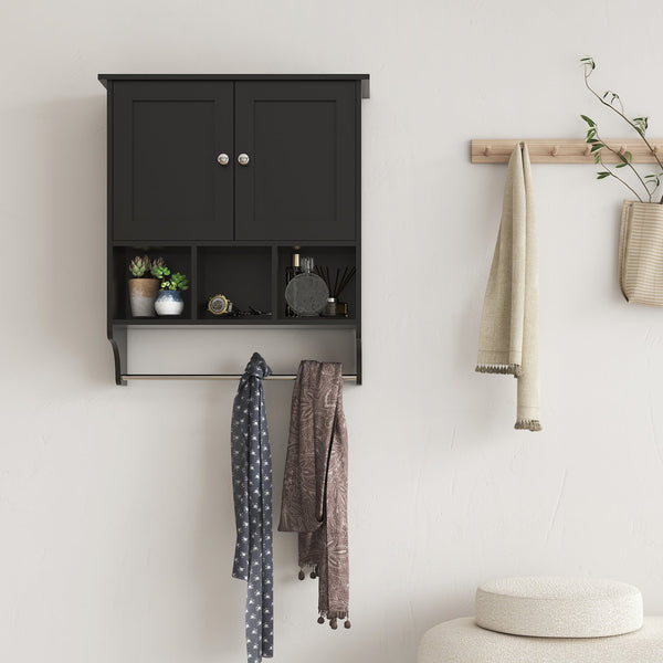 English Elm Bathroom Wall Cabinet with Towel Bar — Durable P2 MDF, Wall-Mount Storage for Toiletries & Medicine Black W2386P196627