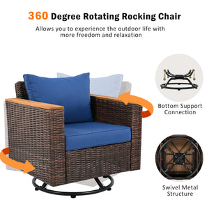 English Elm K&K 8-Piece Wicker Patio Set with 360° Swivel Rockers, Acacia Storage Table, Durable Cushions Blue+Brown N707S000016E