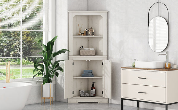 English Elm Tall Corner Cabinet Wood Grain Beige - Tall 69.3" Storage Tower with Doors, Shelves & Space-Saving Design W1580P257486