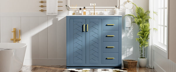English Elm 36'' Bathroom Vanity with Ceramic Sink Combo Solid Wood Frame Soft-Closing Drawers Ample Storage Elegance Indigo N710P243327M
