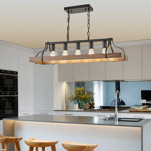 English Elm 34-Inch Vintage Pendant Light with 5 E26 Sockets, Iron Frame, Adjustable Chain for Kitchen Island Walnut W1340P251927