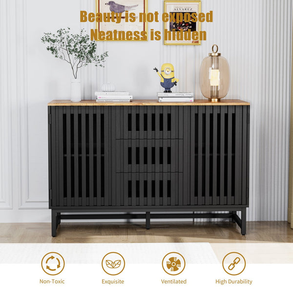 English Elm 3 Drawer Black Dresser with 4 Shelves and Slatted Grille Doors — Modern MDF Sideboard, Durable Metal Legs, Ample Storage for Bedroom & Living Room W578P193314