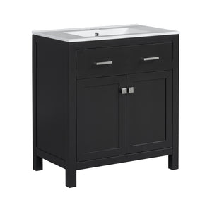 English Elm 30" Modern Bathroom Vanity with Ceramic Sink and Soft-Close Doors, Solid Wood MDF Build, Sleek Handles Black N729P263155B