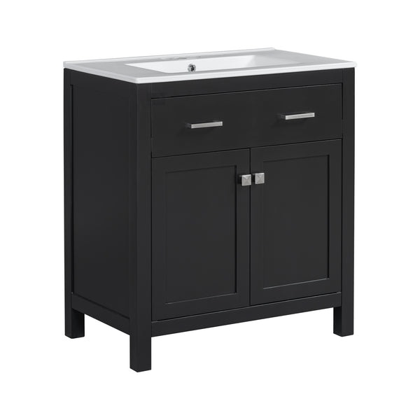 English Elm 30" Modern Bathroom Vanity with Ceramic Sink and Soft-Close Doors, Solid Wood MDF Build, Sleek Handles Black N729P263155B