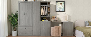 English Elm Multifunctional Wardrobe Cabinet with Fold Out Desk Hanging Rod and Storage Drawers Gray W1580S00476