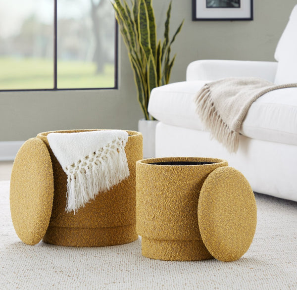 English Elm Ottoman Set Nesting Storage Cubes Upholstered in Rich Fabric for Modern Living Spaces Yellow B202P471504