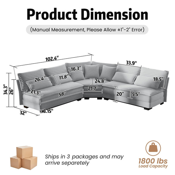 English Elm 5-seater Curved Corner Sectional Sofa Ribbed Corduroy Upholstery with Seven Accent Pillows W2606S00015