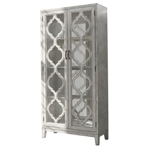 English Elm Leslie Distressed Antique White 2-Door Cabinet with Lattice Doors, Mirrored Interior & 4 Shelves B062P353476