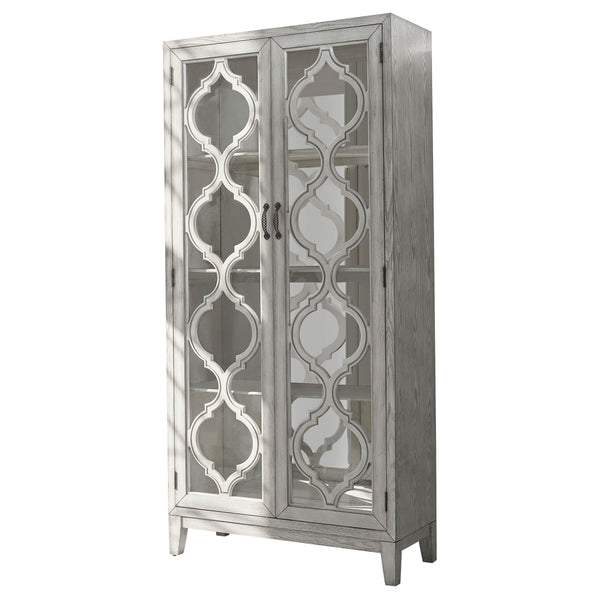 English Elm Leslie Distressed Antique White 2-Door Cabinet with Lattice Doors, Mirrored Interior & 4 Shelves B062P353476