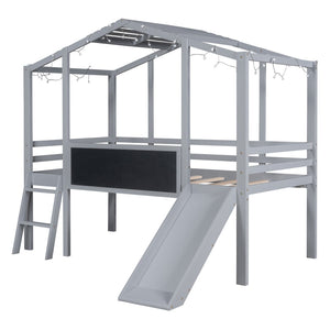English Elm Twin House Loft Bed with Slide Chalkboard Panel and Led Roofline for Kids Gray WF324323AAE