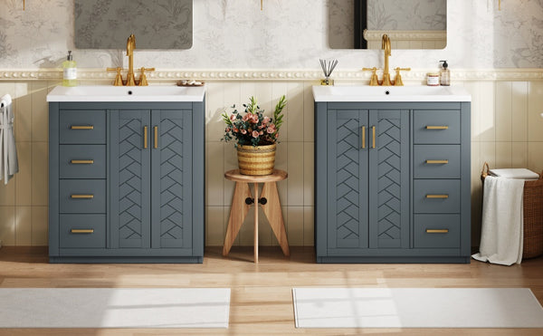 English Elm 60'' Bathroom Vanity Set With Ceramic Sink - Stylish Solid Wood Frame, Soft-Closing Drawers & Doors N710SS00001C