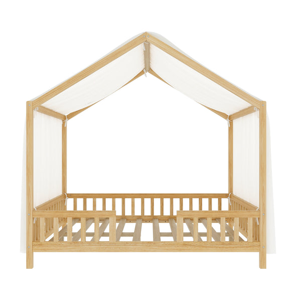 English Elm Montessori House Bed Frame Twin with Canopy & Full Guardrails, Cozy Kids Platform Bed for Toddlers Natural 77.8 L x 17.25 W x 7 H N733P356048M