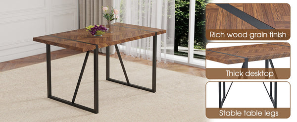 English Elm Table and Chair Set Fishbone Mdf Top with Six Brown Upholstered Seats for Dining W1151S03139