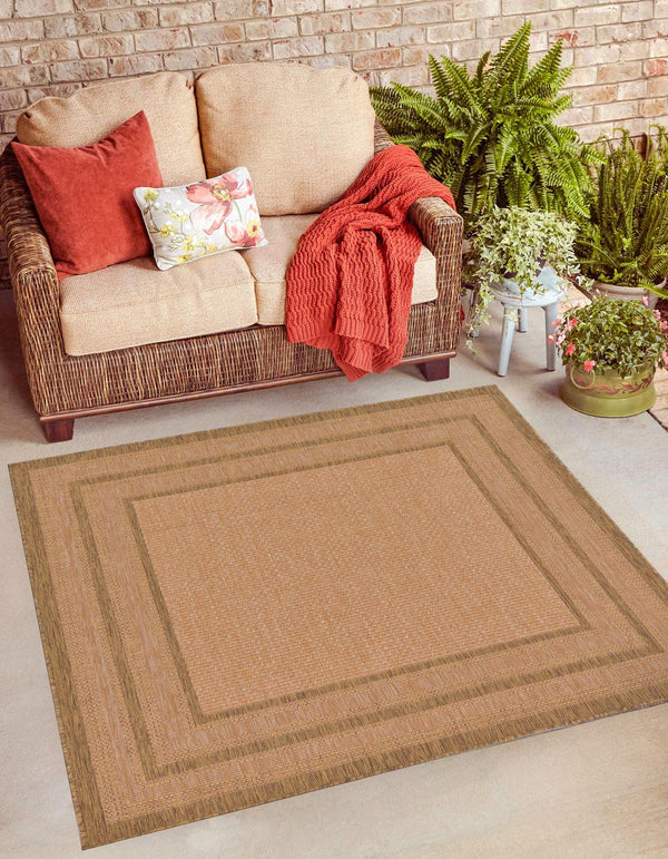 Unique Loom Outdoor Border Multi Border Machine Made Border Rug Tan, Light Brown 5' 4" x 6' 1"
