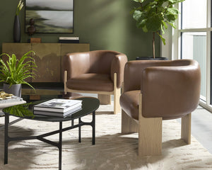 Sunpan Trine Lounge Chair - Luxurious Comfort with Unique Shape and Handcrafted Wood Base for Any Home Style Rustic Oak / Vintage Camel Leather