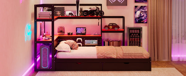 English Elm Twin Gaming Daybed with Led Strips Desk Pegboard Bookcase and Three Storage Drawers Black+Red N820S00083J