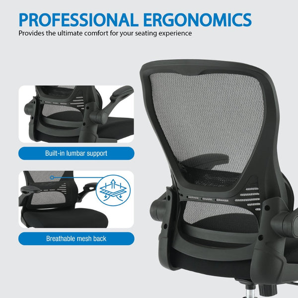 OSP Home Furnishings Mesh Back Ergonomic Office Chair with Lumbar Support Flip up Arms and Foam Seat Cushion Black EM96809C-3