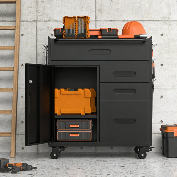 English Elm 34.3" Rolling Steel Workshop Cabinet with 3 Drawers Lockable Doors and Pegboard Sides W2735P428817