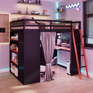 English Elm Full Size Wood Loft Bed with Wardrobe Desk Shelves Rgb Lighting and Blackout Curtains Black+Red LT000269AAJ-1