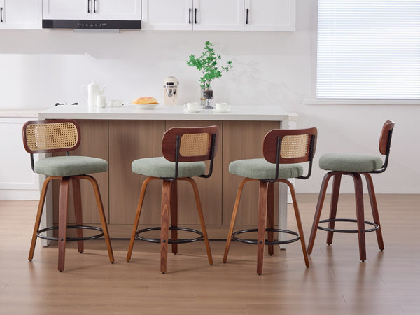 English Elm Set of 2 Swivel Counter Stools Walnut Frame Rattan Back Linen Seat Kitchen Island Light Green W1143P392172