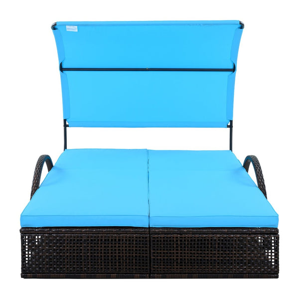 English Elm U_style Outdoor Double Sun Lounger Hdpe Wicker Steel Frame with Canopy Pop up Tables Blue WY000485AAC