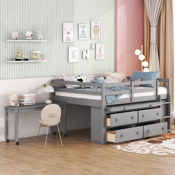 English Elm Full Size Kids Loft Bed Pinewood Frame Dual Study Desks Drawers and Open Shelving Gray LT000369AAE
