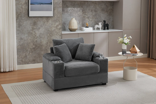 English Elm Corduroy Chaise Lounge Sofa With Storage, Movable Ottoman & Cupholders For Relaxation W2120S00004-GIGA