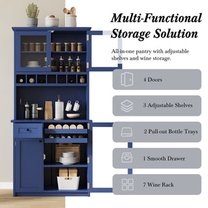 English Elm Topmax Farmhouse Buffet Hutch with Wine Rack Shaker Glass Pantry Cabinet Blue N717P327043C